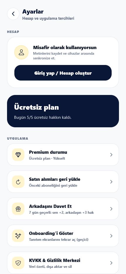 KolayYaz ayarlar ekranı — hesap, plan, davet ve KVKK merkezi
