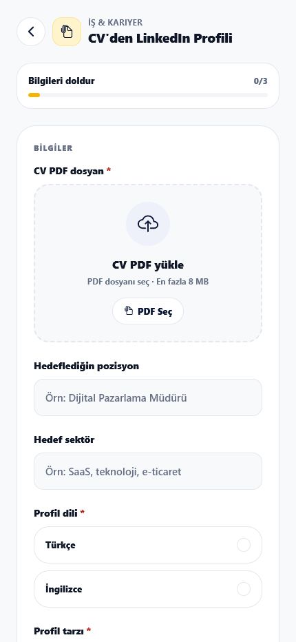 CV PDF yükleyerek LinkedIn profili oluşturma formu
